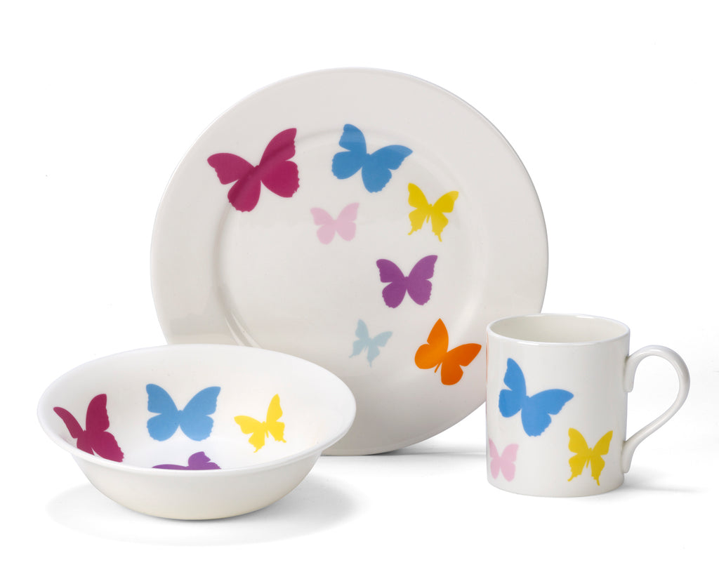 Childrens butterfly crockery set with plate, bowl and cup