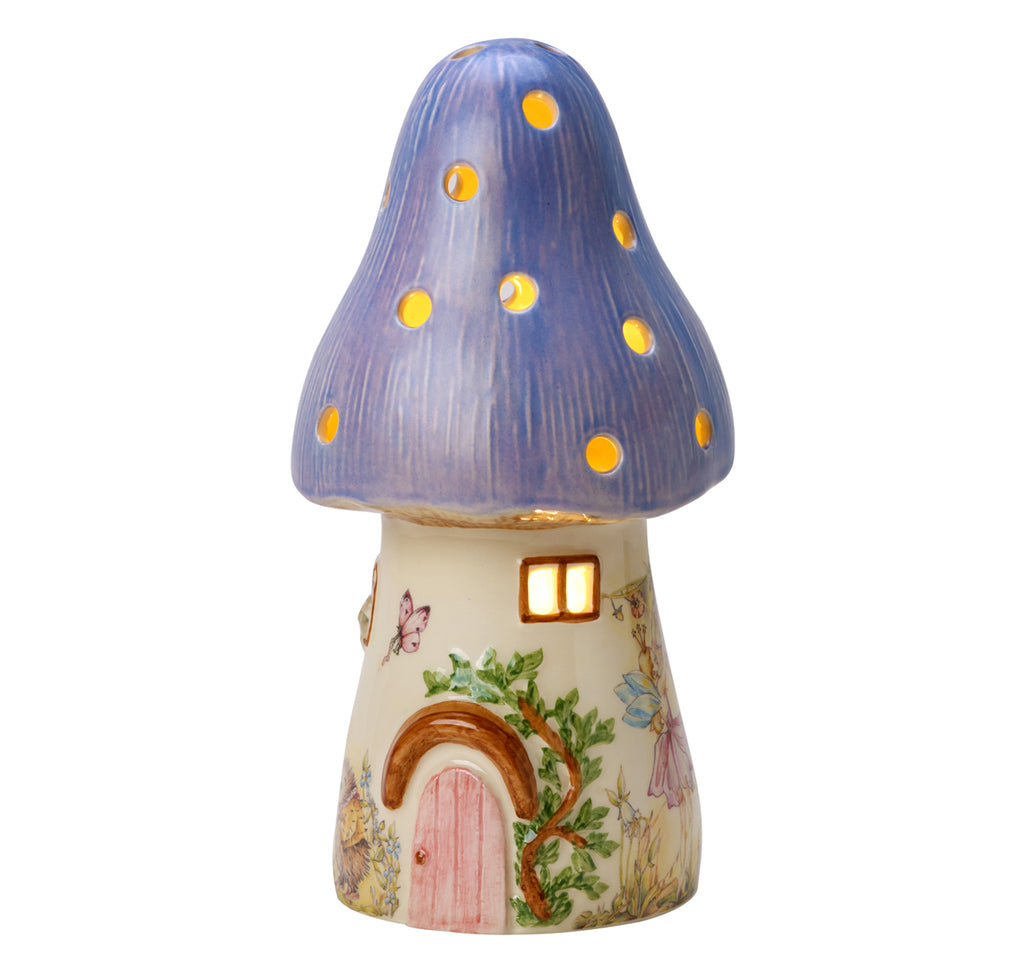 classic vintage style childrens light shaped as a mushroom and made from ceramic with fairy and woodland scene