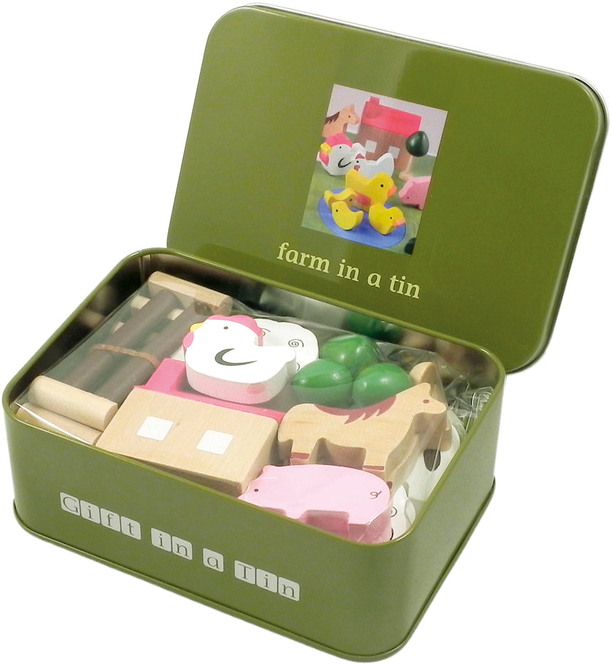 kids wooden toy farm in a tin