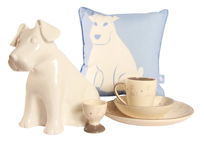 dog lamp with dog cushion in blue and dog crockery set