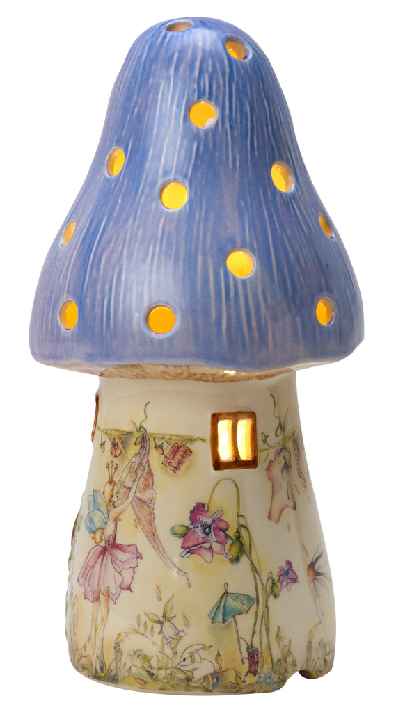 back view of childrens vintage style mushroom lamp featuring fairy and woodland motif