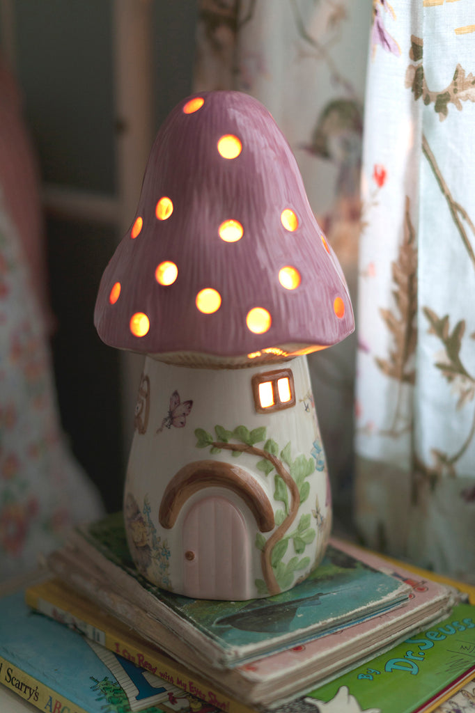 vintage style kids toadstool lamp in pink with fairy and woodland scenes