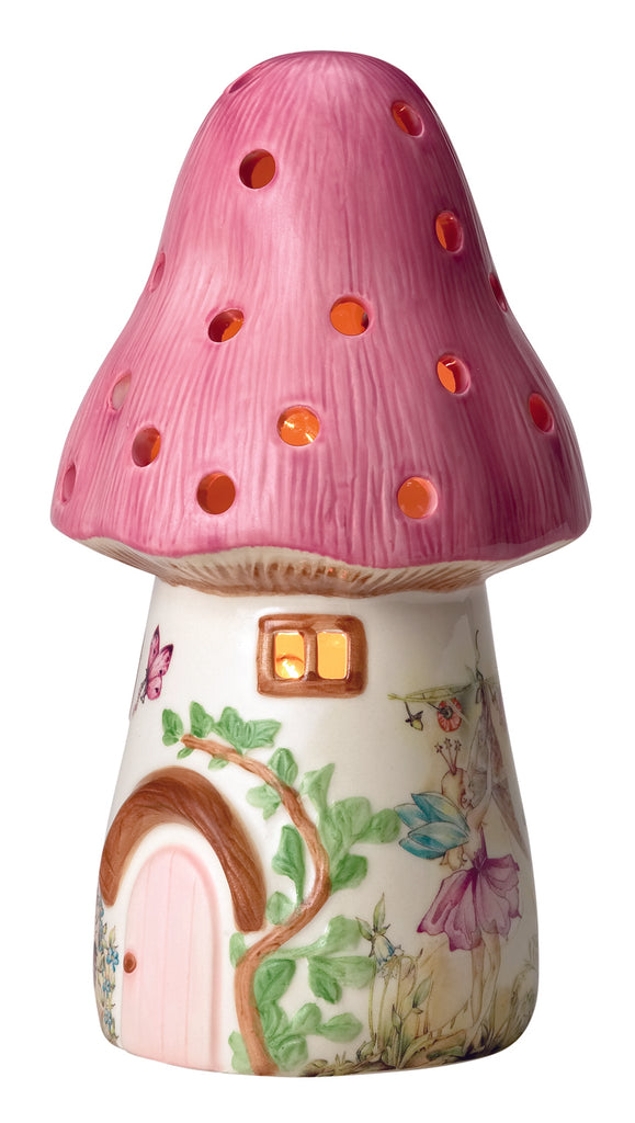 toadstool lamp in pink vintage design showing fairy and woodland scene