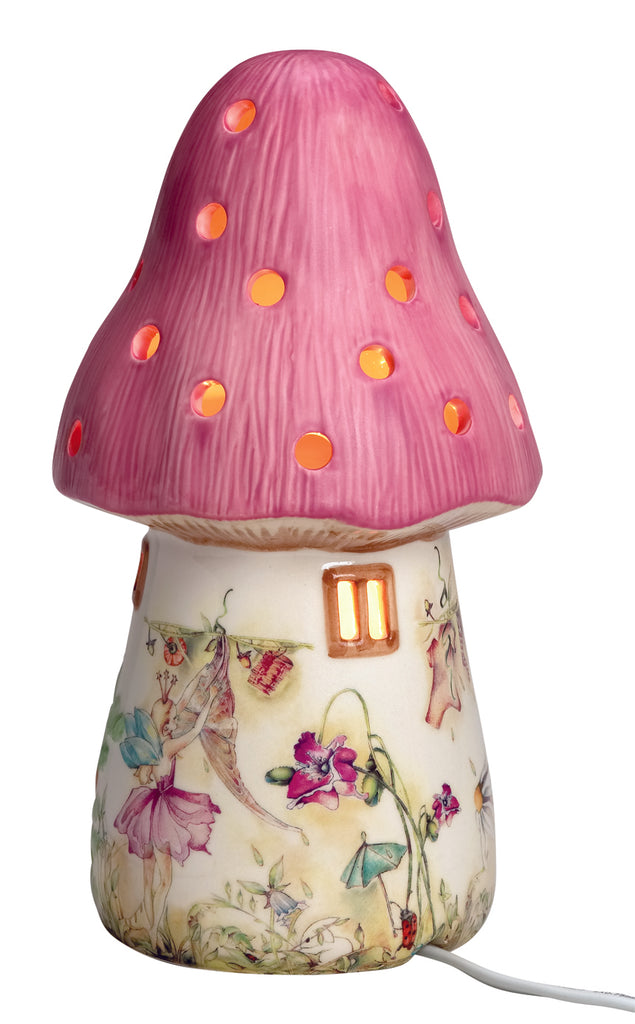 reverse view of childrens mushroom lamp in pink showing fairy motif
